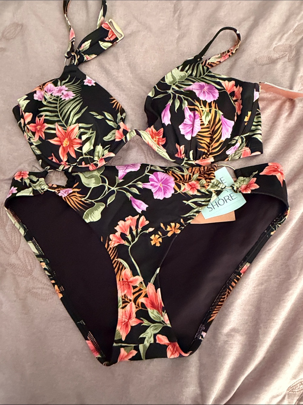 Shade & Shore Black Floral Underwire Bikini with Pink & Orange Blooms